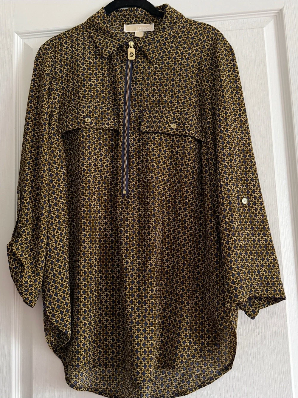 Michael Kors Navy and Mustard Geometric Zip-Front Tunic